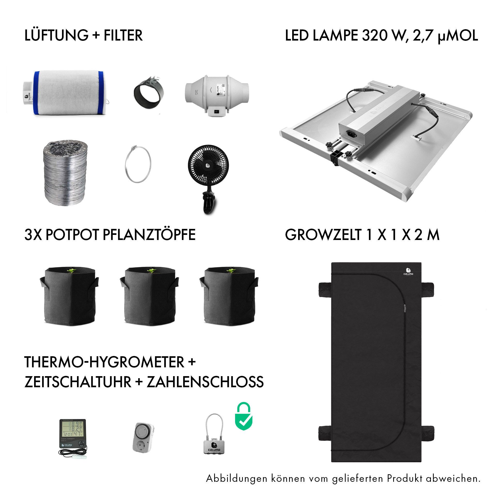 Growbox Komplettset 320W LED 100x100cm - Caluma Set - 3 Plants Plus